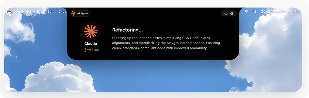 OneNotch streaming a live Claude task on the notch