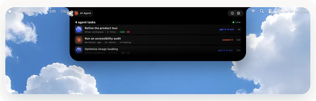OneNotch showing live AI agent task status on the notch