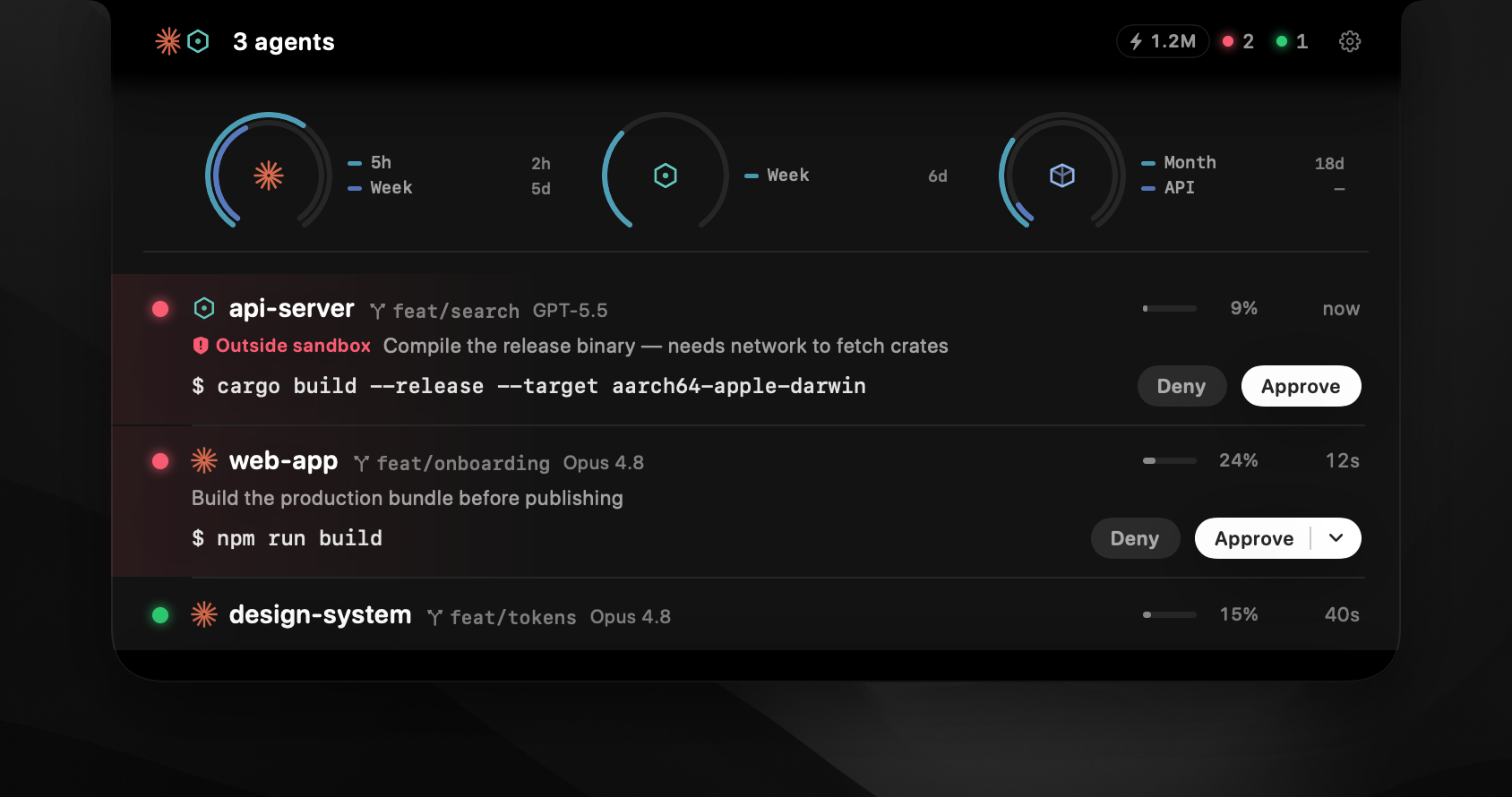 AgentNotch showing live telemetry and pending approvals in the notch.