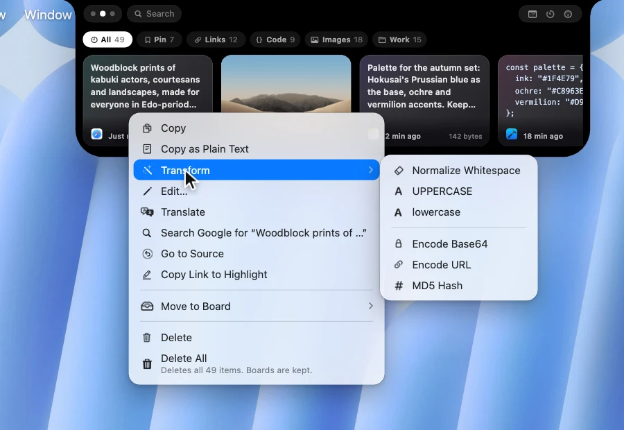 The OneNotch clipboard right-click menu with the Transform submenu open