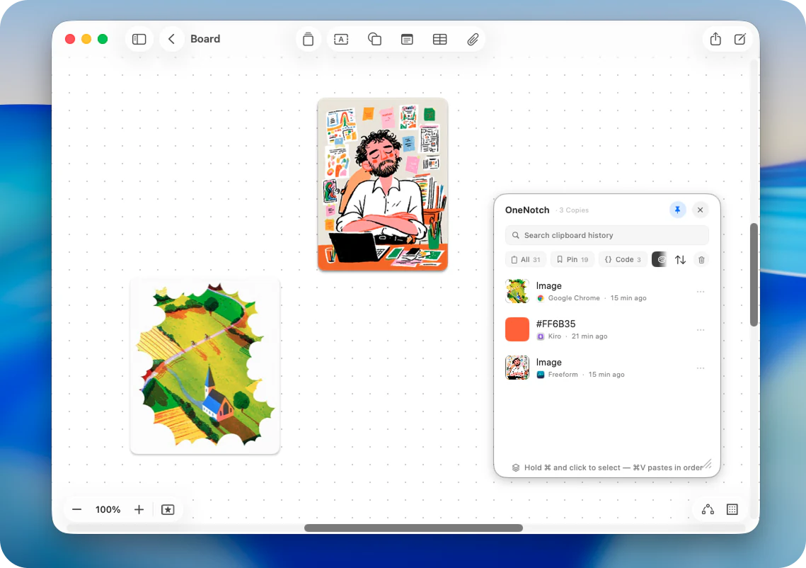 OneNotch clipboard panel opening over a visual design workspace