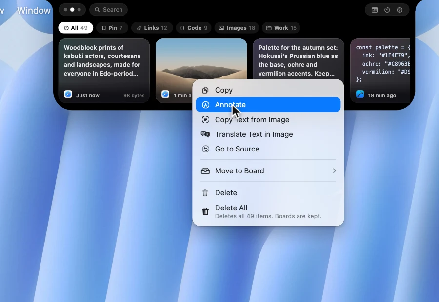 The OneNotch right-click menu for an image clip with Annotate and Copy Text from Image