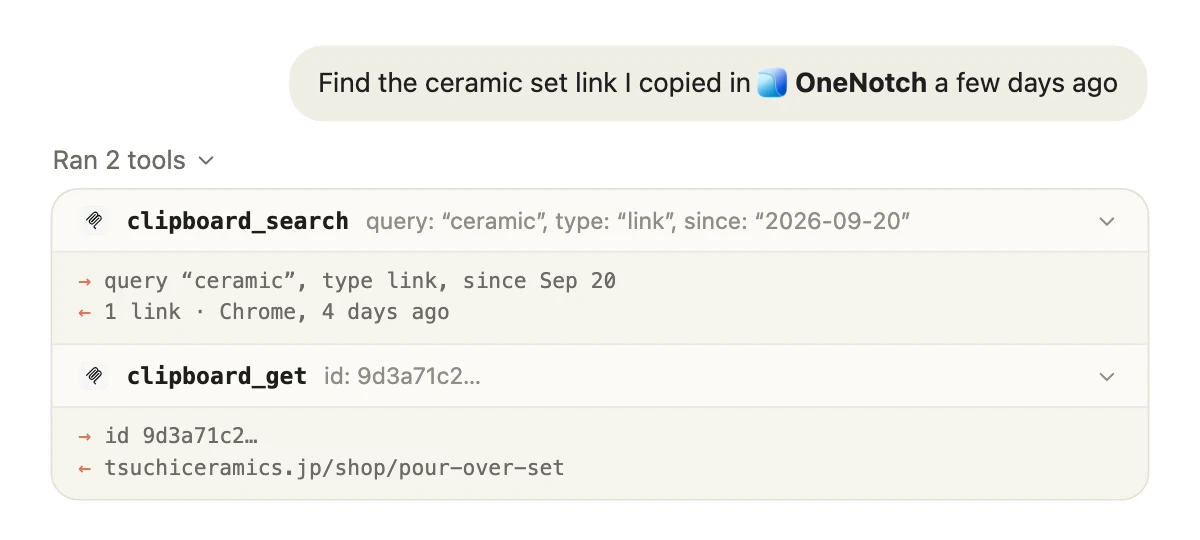 Claude calling clipboard_search and clipboard_get on OneNotch to find a copied link
