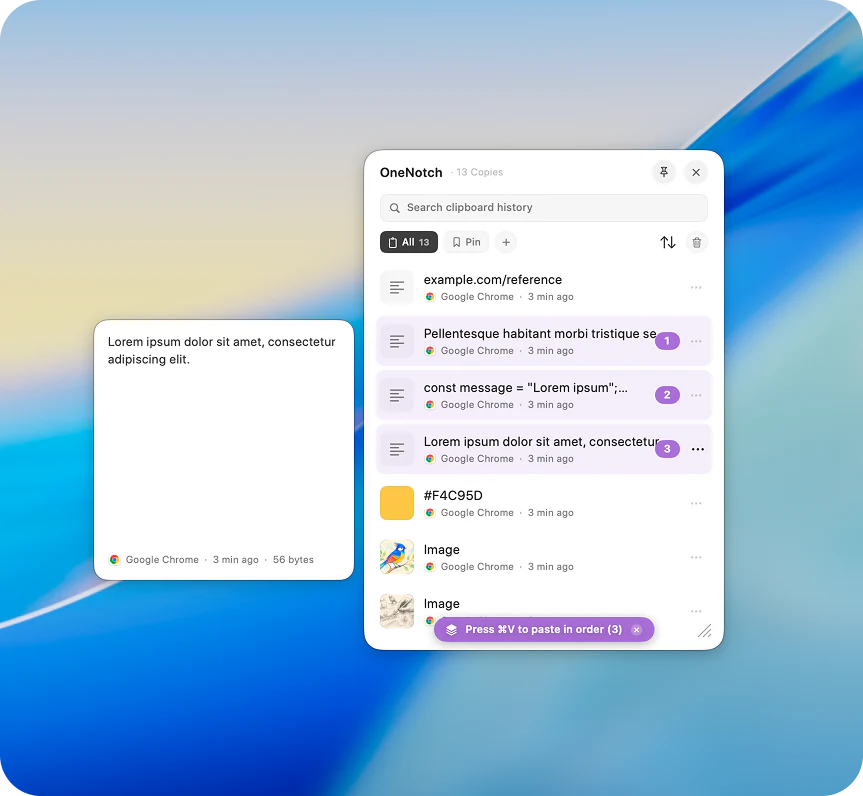 OneNotch Copy Stack in the clipboard panel
