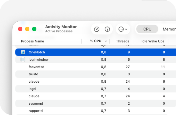 Activity Monitor showing OneNotch at 0.8% CPU, sitting among macOS system daemons like loginwindow, fseventsd, and logd