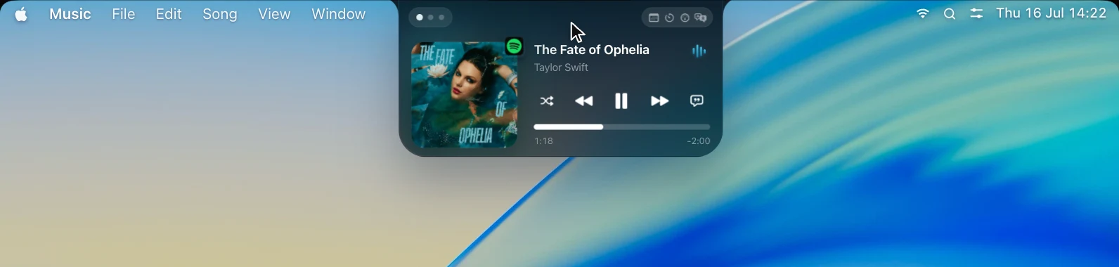 The OneNotch now-playing panel on the MacBook notch. The animated waveform in it turned out to be the single most expensive thing in the old build