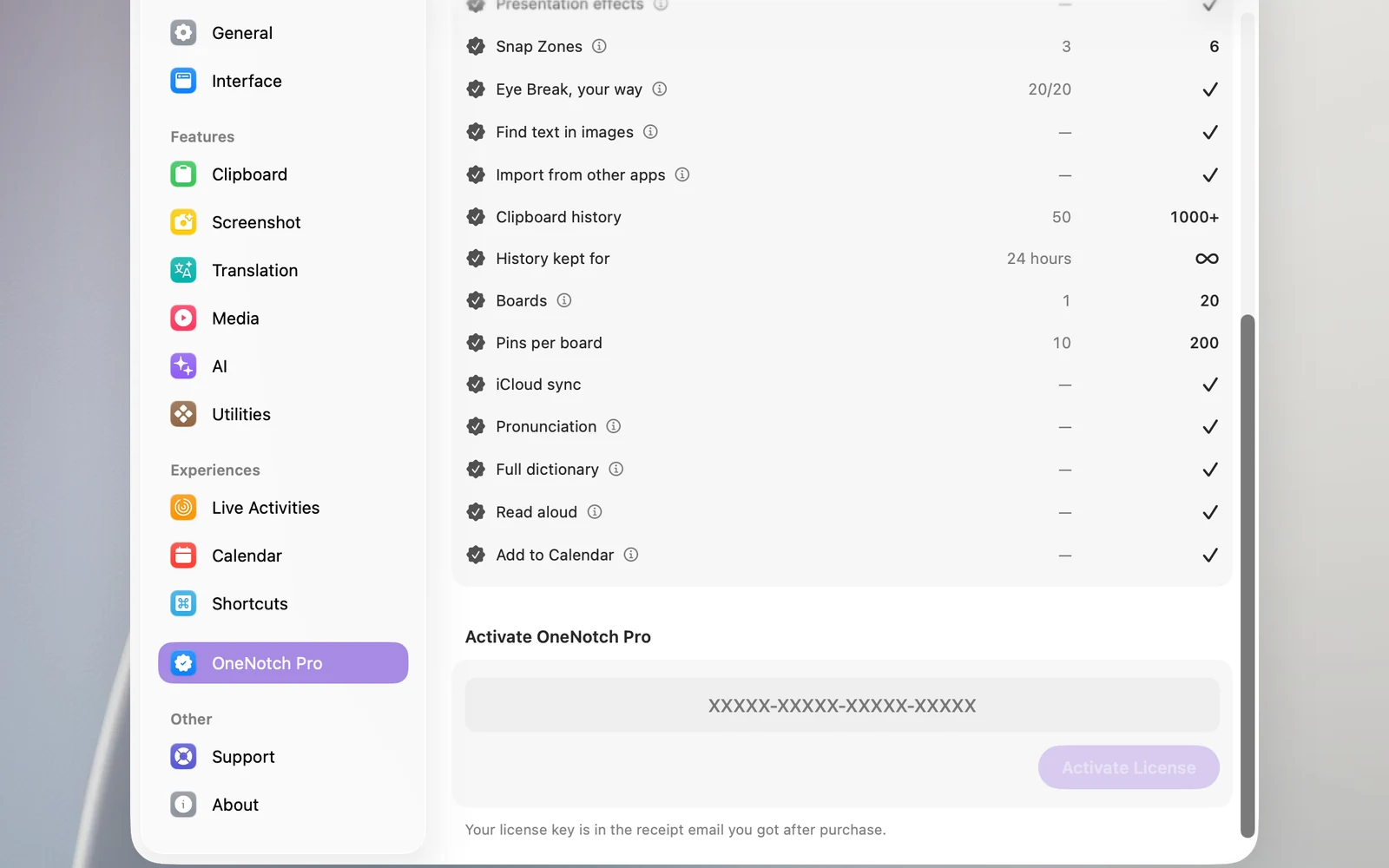 The Activate OneNotch Pro section in Settings › OneNotch Pro: the License key field and the Activate License button