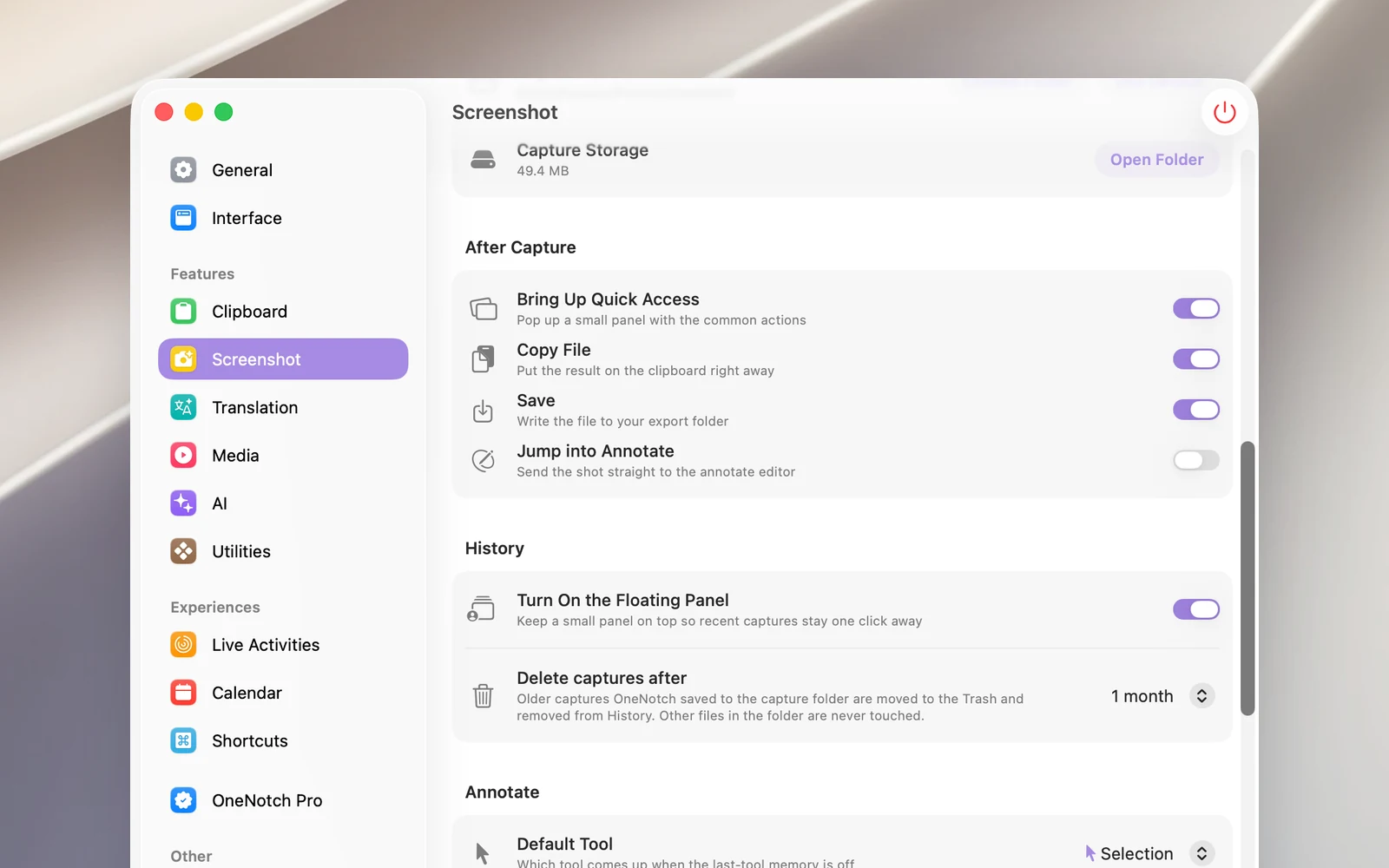 The After Capture section in Settings › Screenshot with 4 switches
