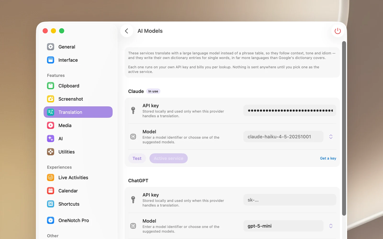 The AI Models page in Settings › Translation: the Claude section with API key, Model, the Test button, Use for translation and Get a key