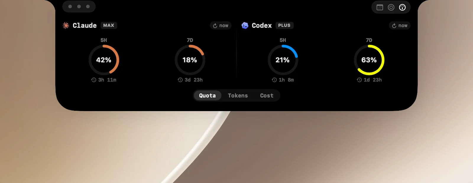 The AI usage page: one column for Claude, one for Codex, the Quota tab with 5H and 7D rings