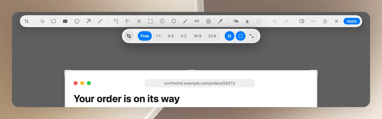 The toolbar while cropping: Aspect Ratio, flip, rule-of-thirds grid, Stick to Edges, Trim Around Content, Restore, Cancel, Apply