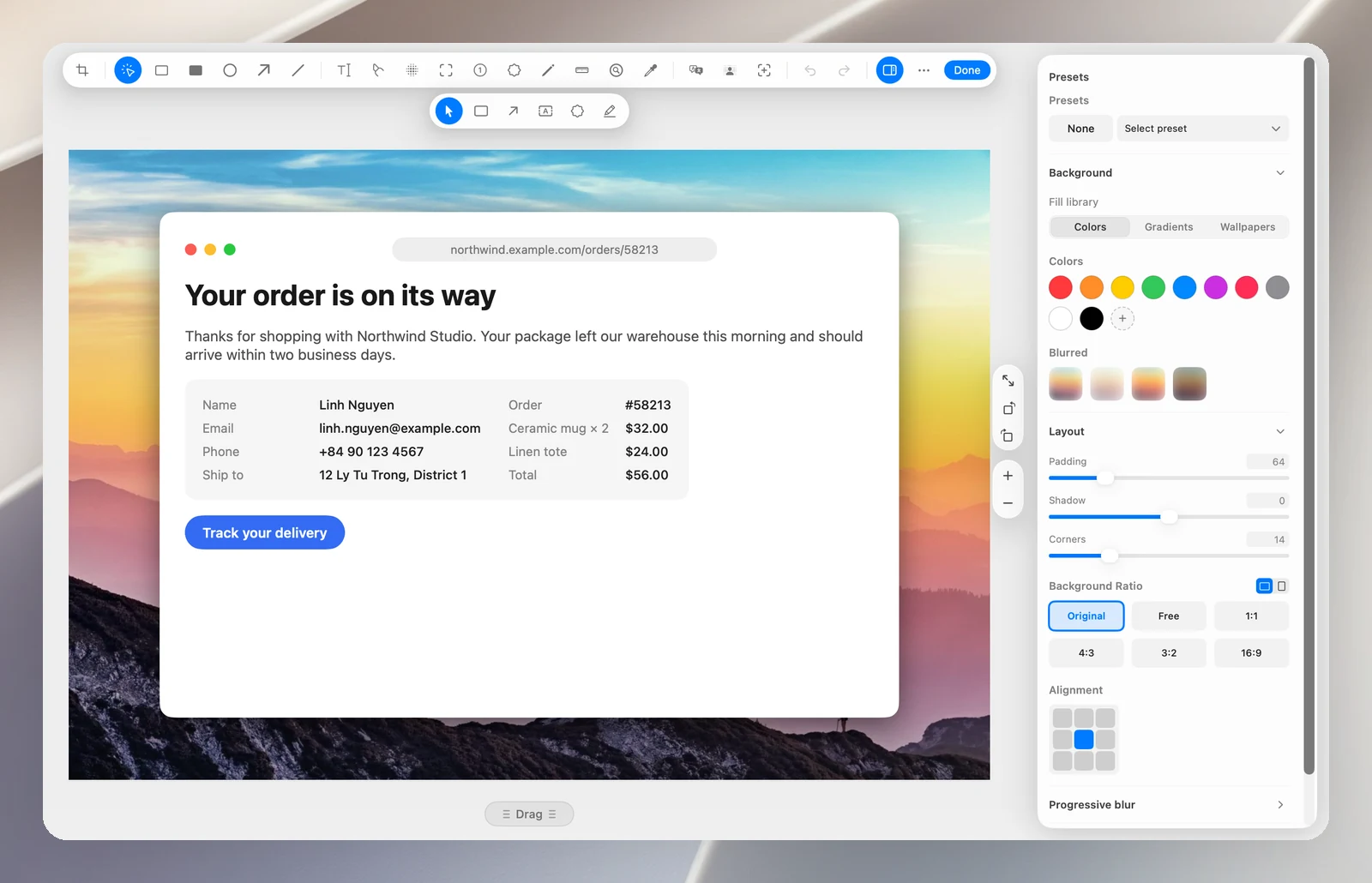 The Annotate sidebar: Presets, Background (Colors / Gradients / Wallpapers), Layout (Padding, Shadow, Corners, Background Ratio, Alignment)