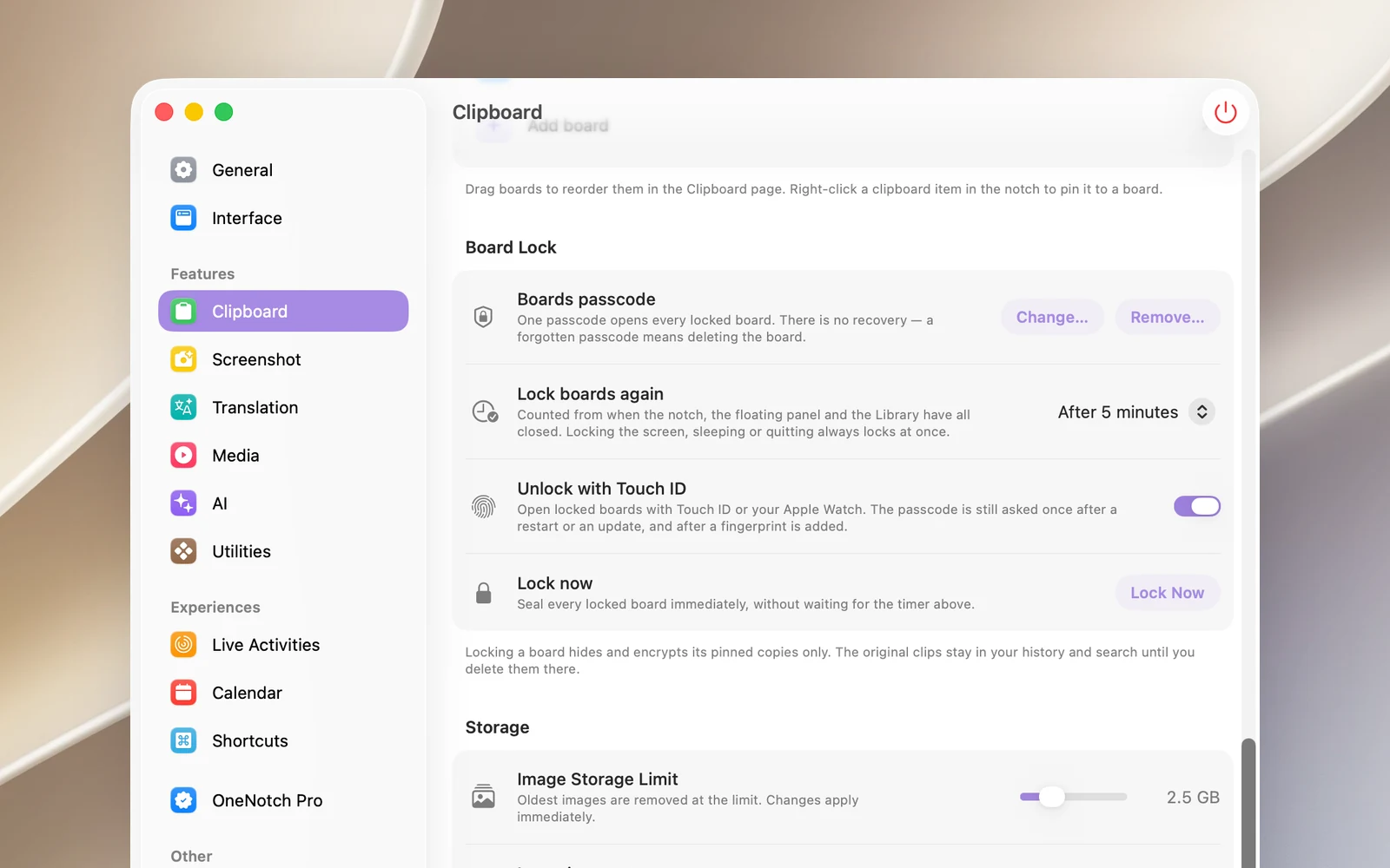 The Board Lock section in Settings › Clipboard after a passcode is set: Boards passcode (Change…/Remove…), Lock boards again, Unlock with Touch ID, Lock Now