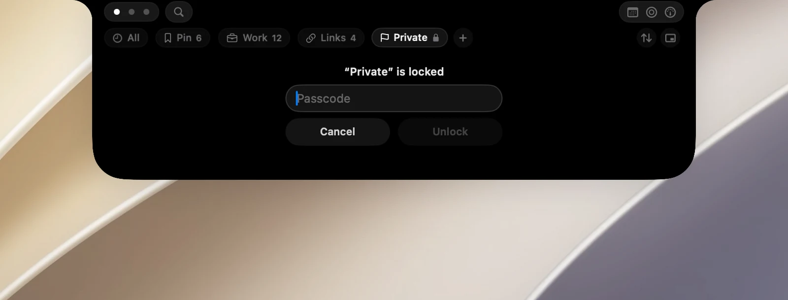 A locked board selected in the notch: the line “Private” is locked, a Passcode field, and the Cancel and Unlock buttons