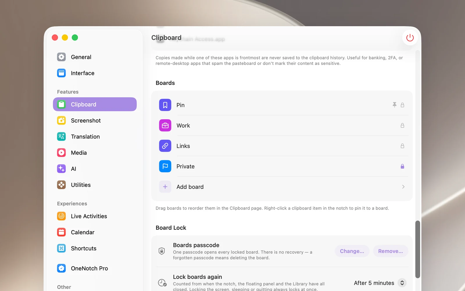 The Boards section in Settings › Clipboard, with a lock icon at the end of each row and the Add board button