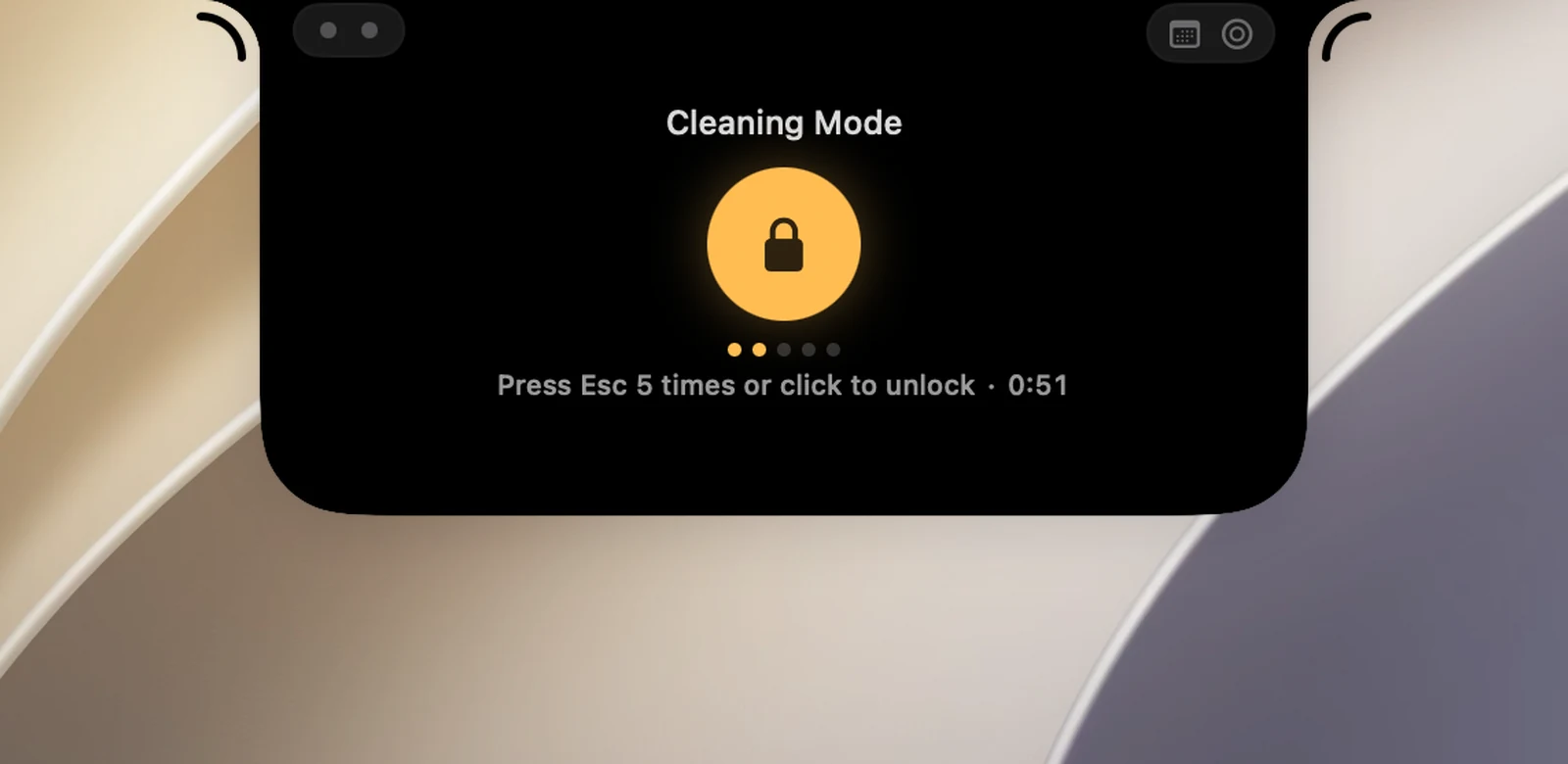 The Cleaning Mode page while locked: a large round button with a lock, 5 dots counting Esc presses (2 lit), the line "Press Esc 5 times or click to unlock" and "Touch ID and the power button keep working"