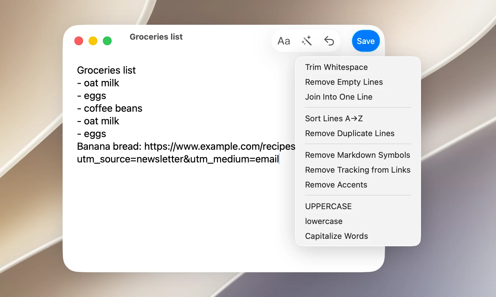 The Edit window of a text clip with the Clean Up menu open, showing 11 transformations; the Save button on the toolbar is blue