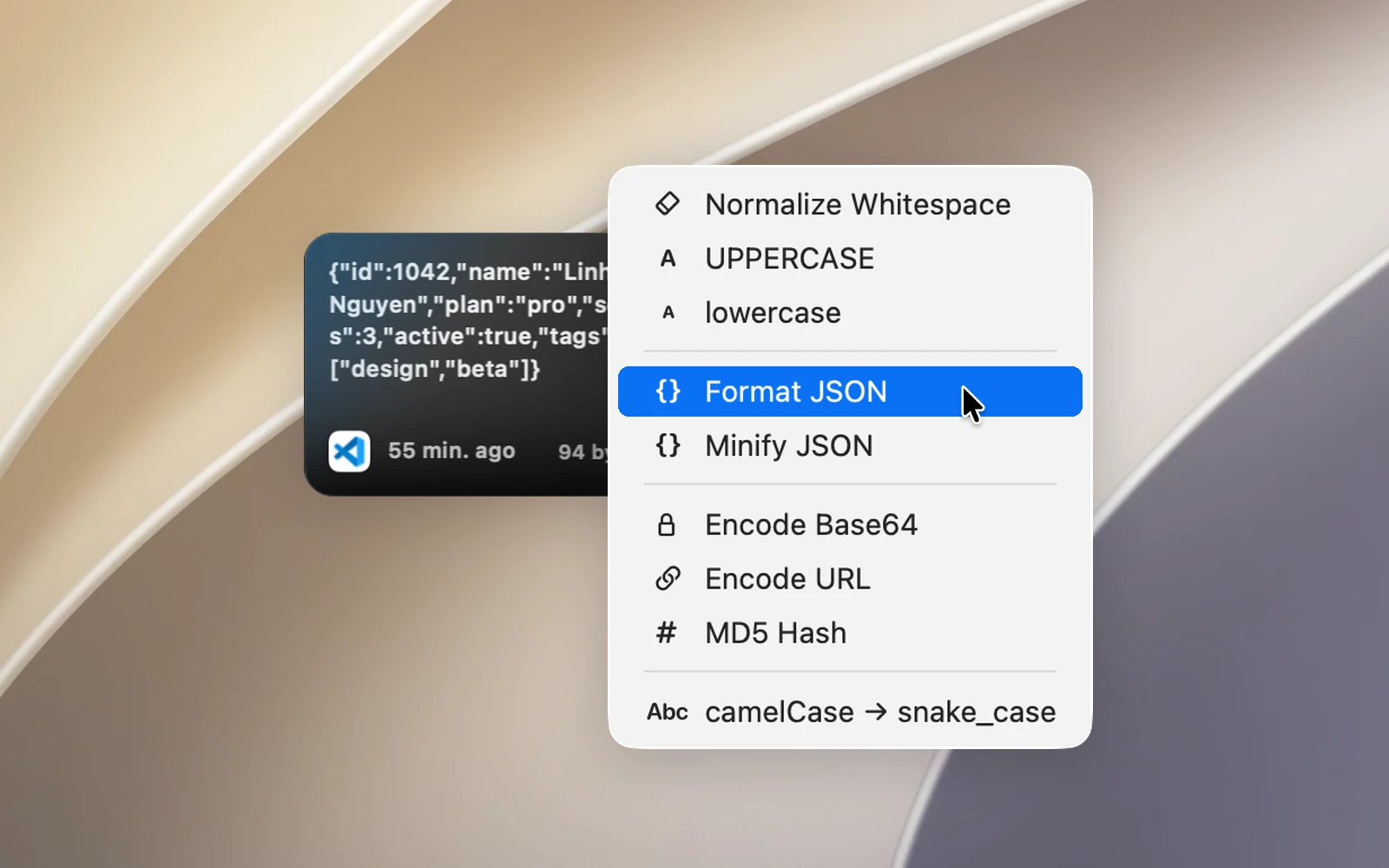 The Transform submenu of a JSON clip