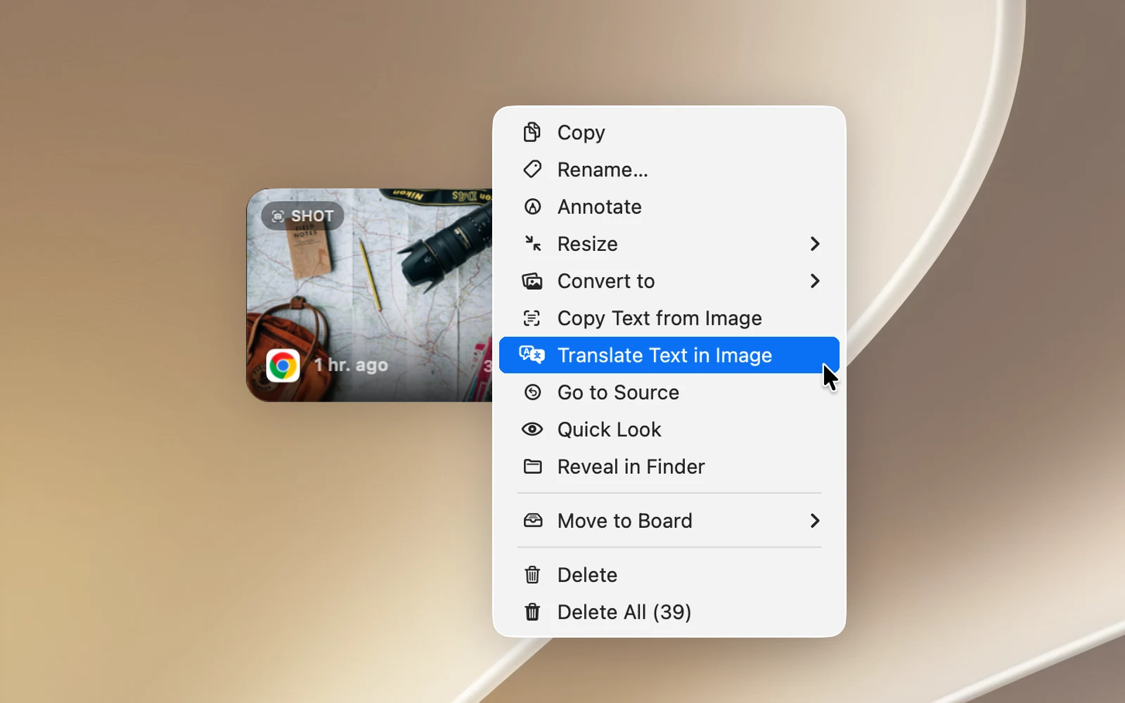 The right-click menu on a screenshot clip, with the Translate Text in Image command