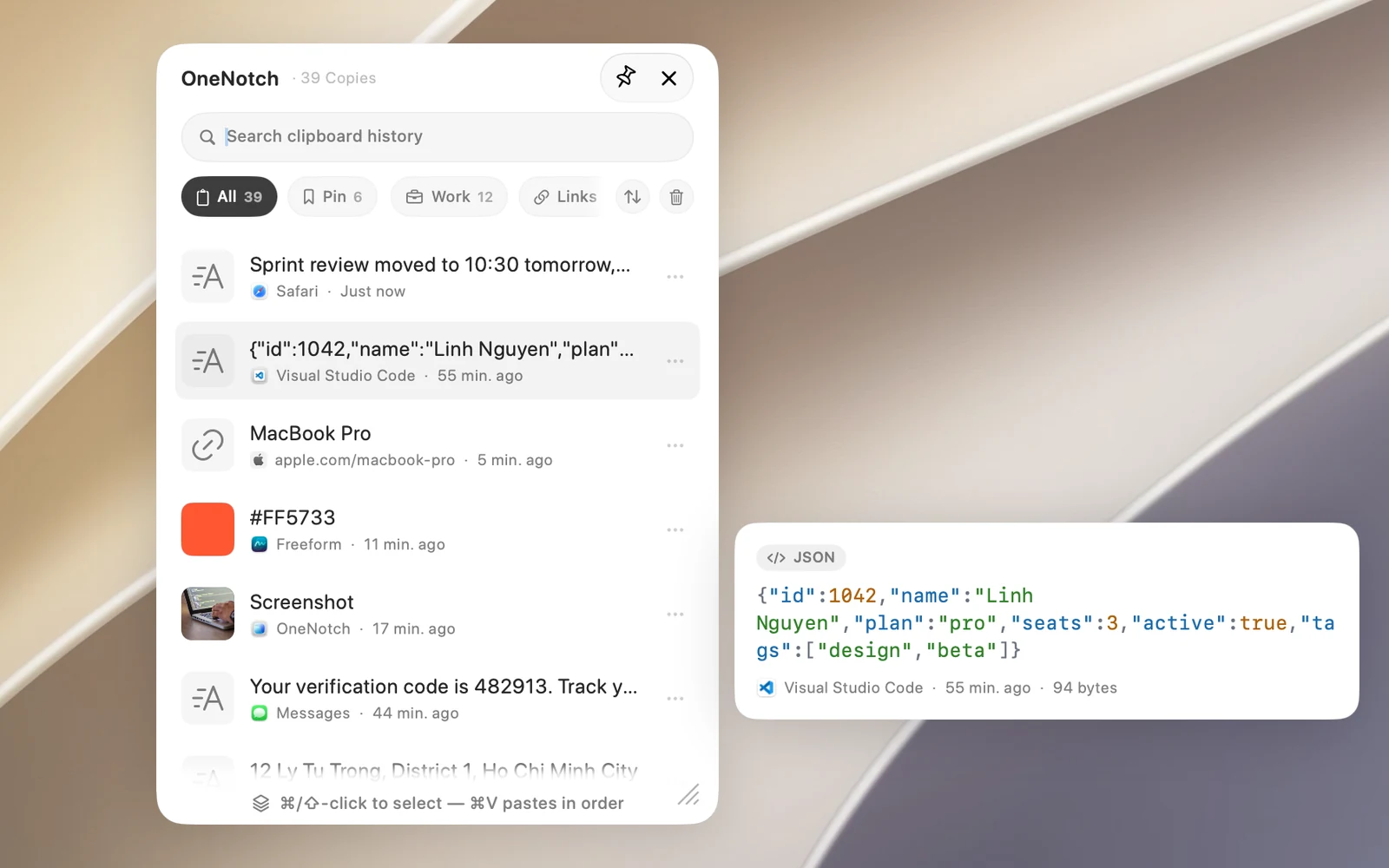 Das Clipboard Panel mit der Vorschau daneben, die ein Stück JSON mit Syntaxhervorhebung zeigt