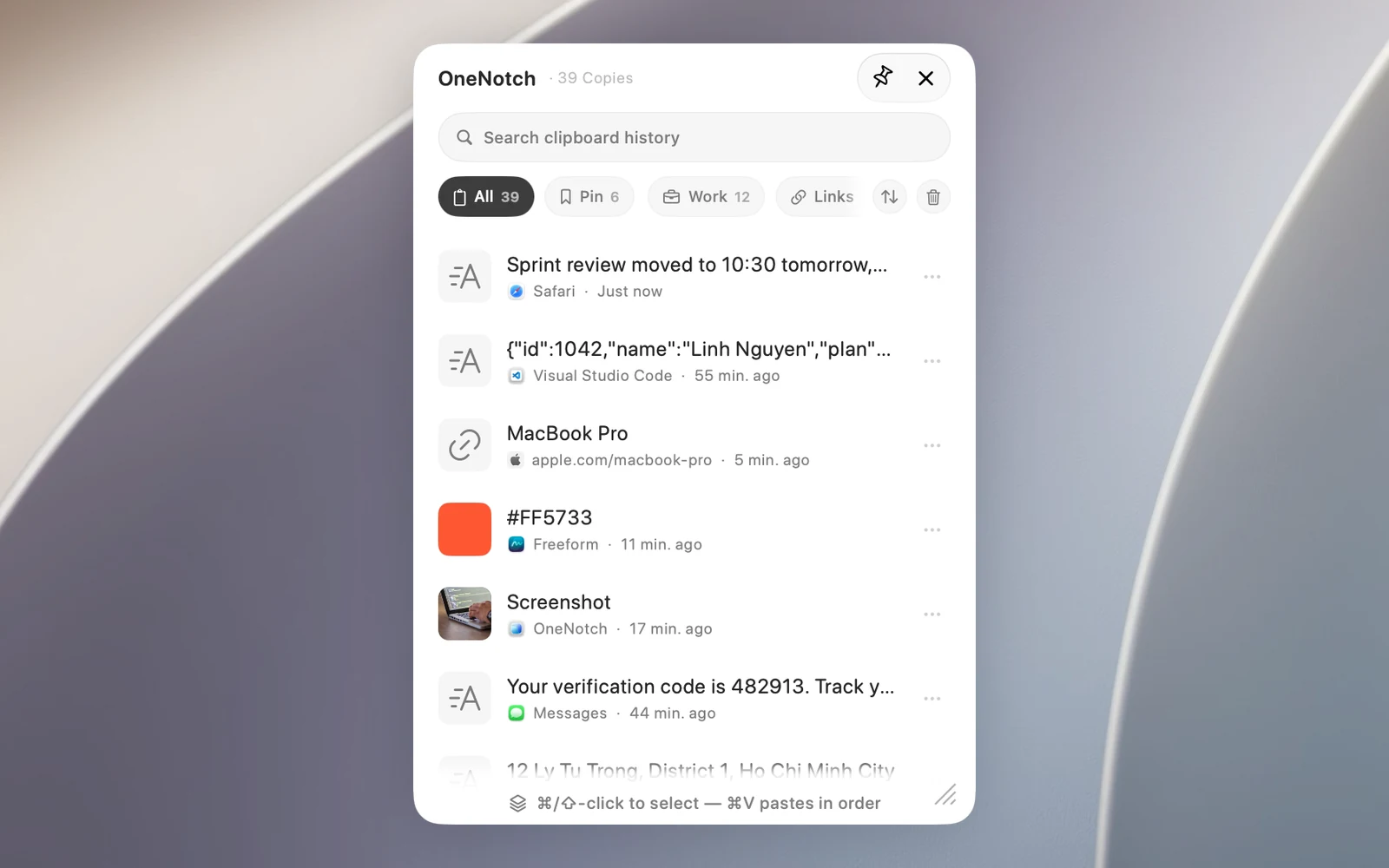 Das Clipboard Panel: oben die Tasten zum Anheften und ✕, ein Suchfeld, die Reihe der Boards, eine Liste mit 6–8 Einträgen und unten eine Hinweiszeile