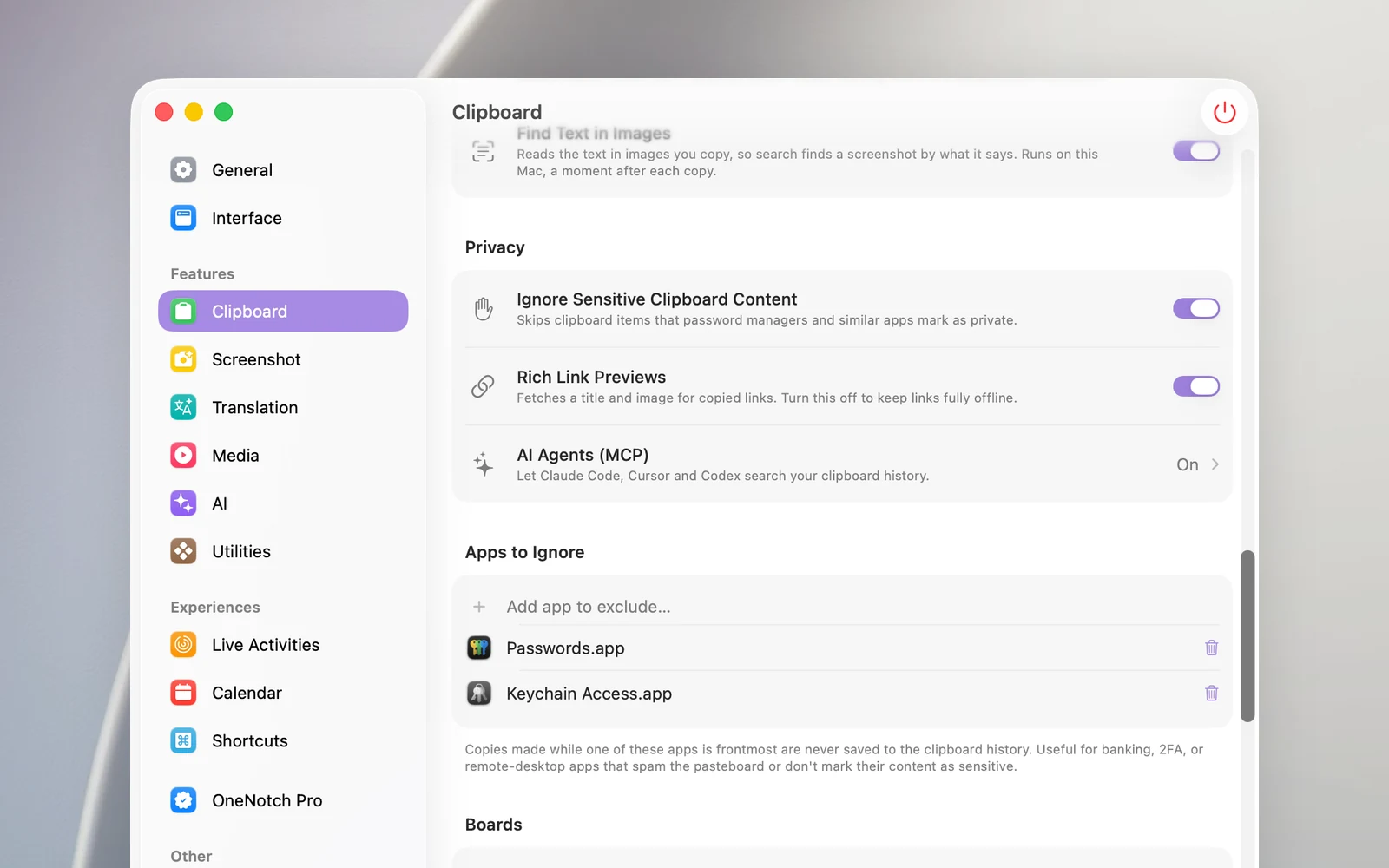 The Privacy and Apps to Ignore sections in Settings › Clipboard