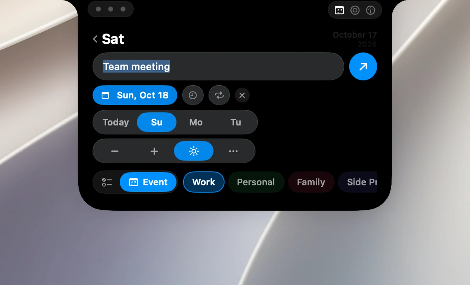 The add field in Event mode: the Today button and the next 3 days, − / +, ☀ All day, …