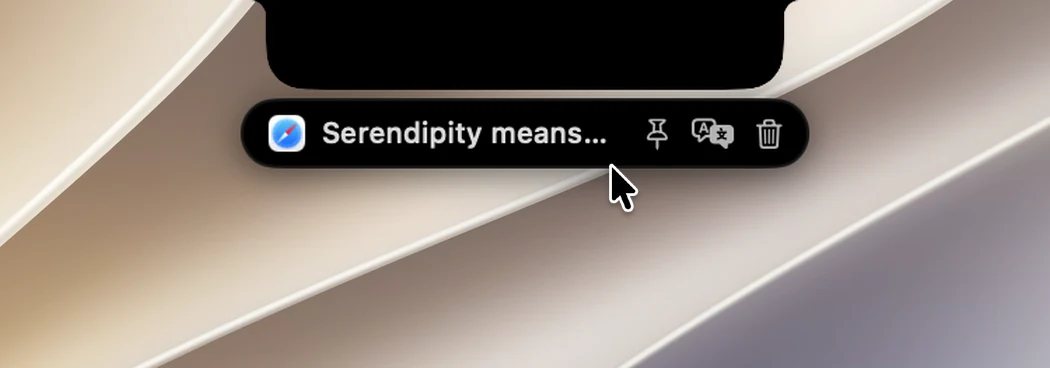 The Copied toast under the closed notch with the pointer over it, showing three buttons: Pin, Translate and Delete