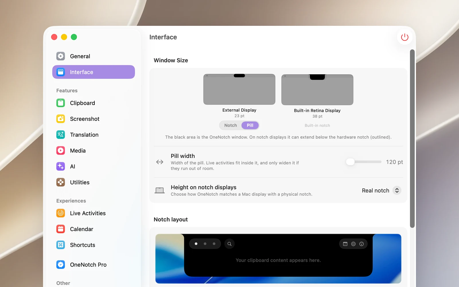 Settings › Interface › Window Size: the card for the notch display says Built-in notch, the card for the external display offers Notch / Pill with Pill selected, and below them are Pill width and Notch height on notch displays