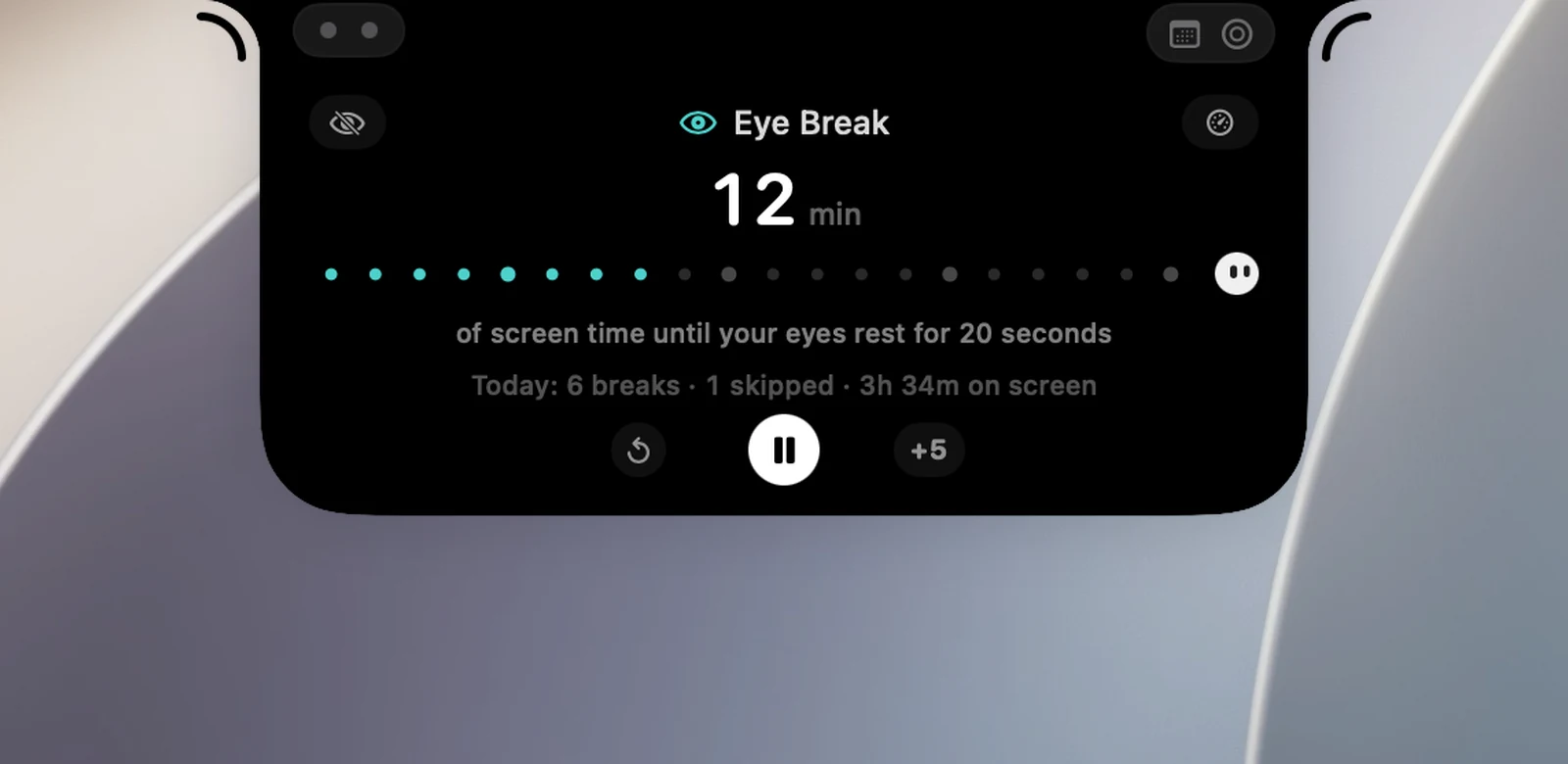 The Eye Break page opened from the Eye Break button in the left orb: the Take a break now button (crossed-out eye) left of the title, the eye rest score button on the right, minutes until the next break, a row of dots per minute with a character at the end, today's stats line, and the ⟲ ⏸ +5 buttons