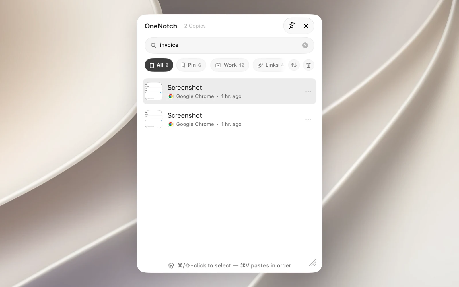 The Clipboard Panel search field with a word typed in, showing a screenshot card that contains that word