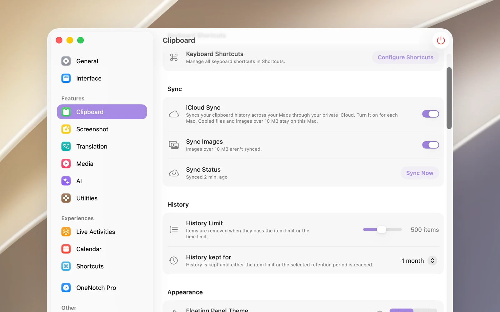 Der eingeschaltete Bereich „Synchronisierung“ in Einstellungen › Zwischenablage: iCloud-Synchronisierung, Bilder synchronisieren, Synchronisierungsstatus und die Taste „Jetzt synchronisieren“