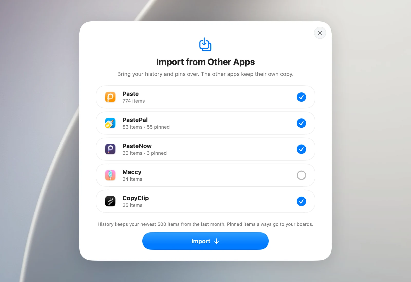 The Import from Other Apps panel after scanning: one row per app with its item count, pinned count and a checkbox