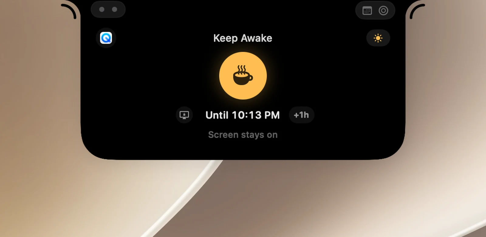 The Keep Awake page in the notch: a large steaming coffee cup on an amber disc, the line "Until 15:45" between the screen-off button and the +1h button, an app icon left of the title, a sun button on the right, and the caption "Screen stays on"