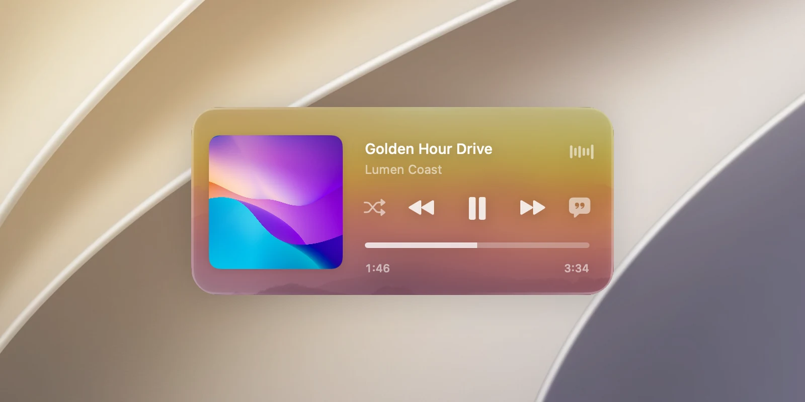 The music card on the lock screen: album art, song title, artist, a row of buttons and a scrubber