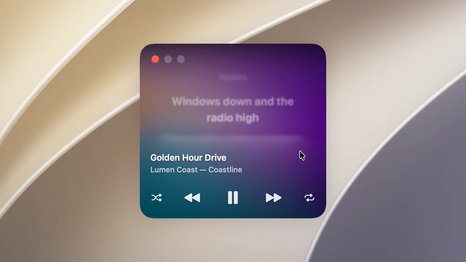 The floating lyrics panel with the pointer over it: a close button in the corner, the song title and artist, the row of controls, and the lyrics faded above