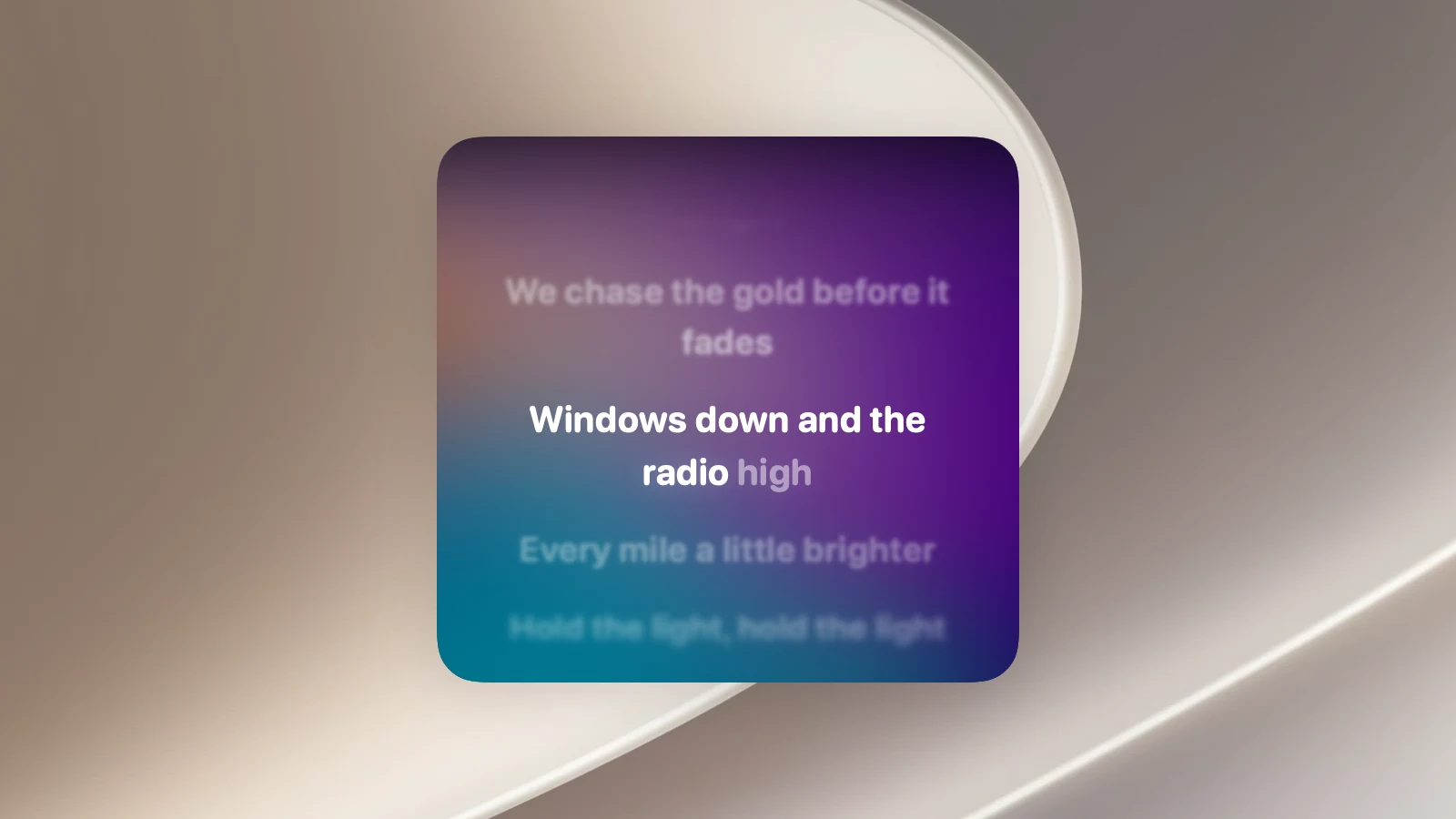 The floating lyrics panel without the pointer over it: a background colored by the album art, the current line sharp in the middle, words already sung brighter than words to come, and the lines before and after faded
