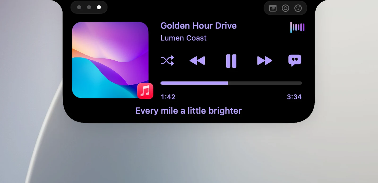 The player in the notch with a synced line of lyrics below it