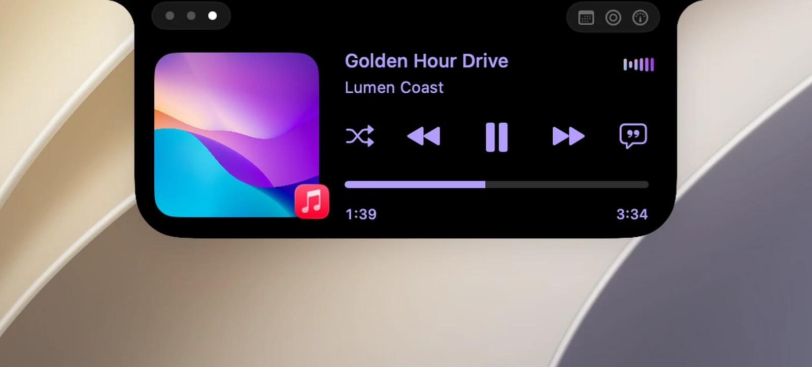 Der Player auf der Medien-Seite der Notch: Albumcover mit dem Symbol der Quell-App, Songtitel, Künstler, die Tastenreihe und der Fortschrittsbalken