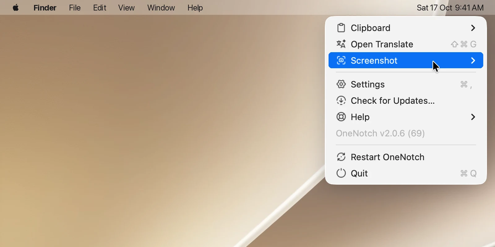 OneNotch's menu in the menu bar, with the Screenshot submenu open