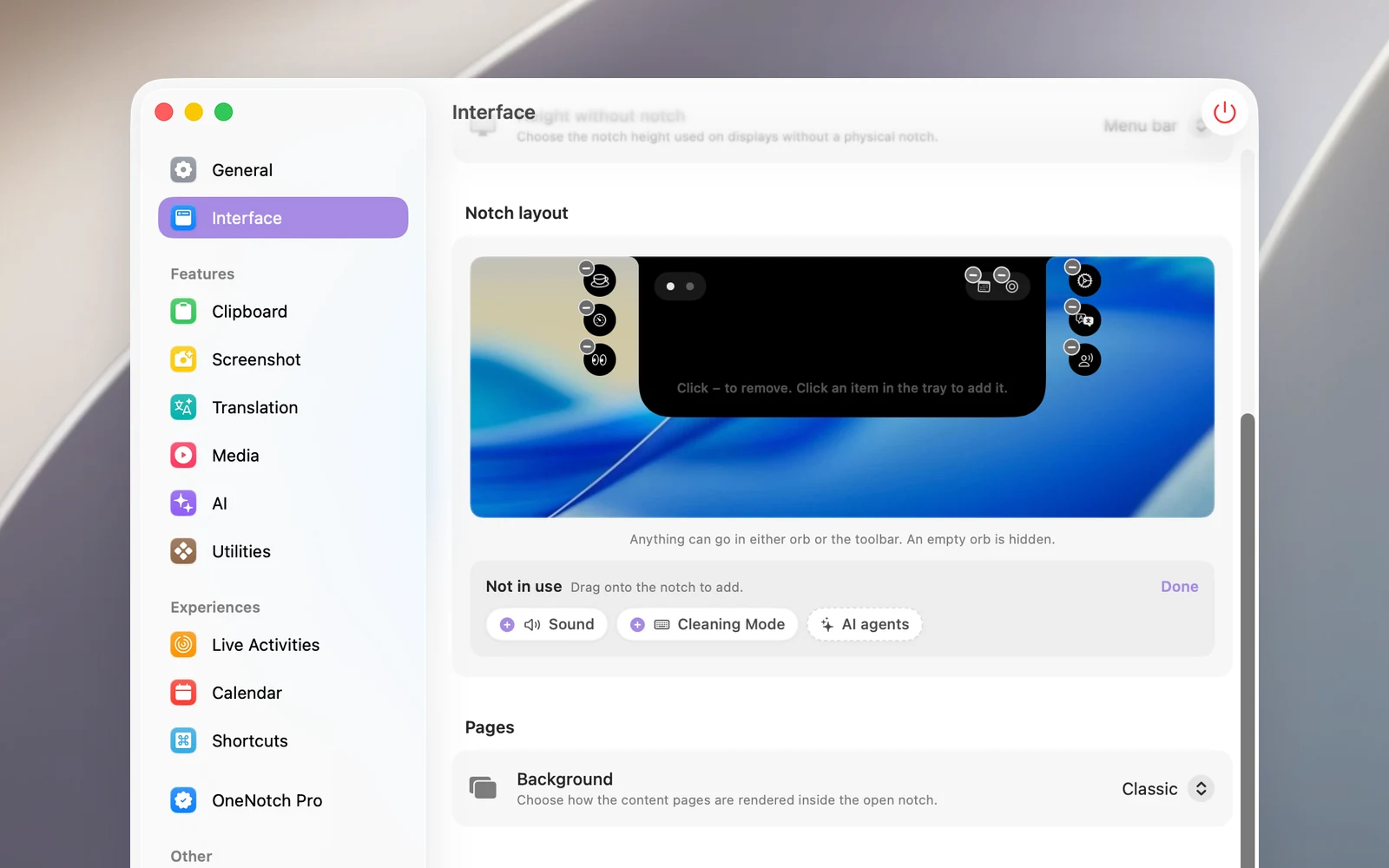 The Notch layout editor in editing mode: the buttons jiggle, each with a − in its corner, the chips in the tray have a +, and a Done button replaces Reset to default
