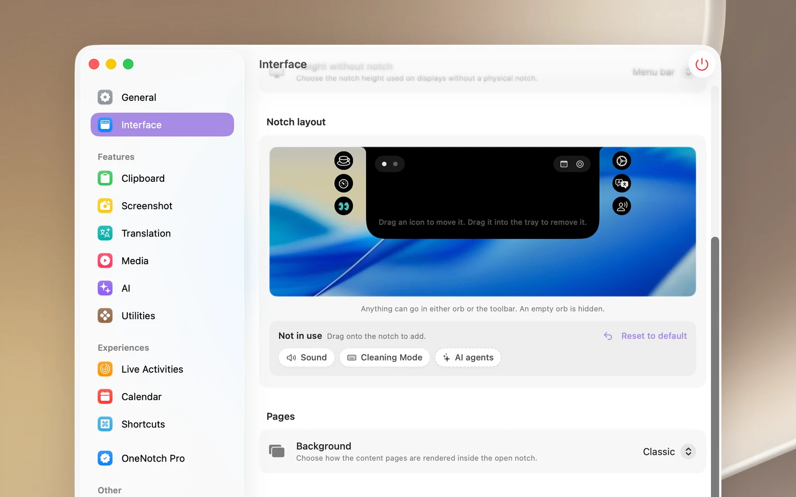The Notch layout editor: a notch shape with the Left orb column (Keep Awake, System Monitor, Eye Break), page dots on the left shoulder, the toolbar on the right shoulder (Calendar, Focus, AI usage) and the Right orb column (Settings, Translate, Presenter); below it, the Not in use tray holds Sound and Cleaning Mode, plus the Reset to default button