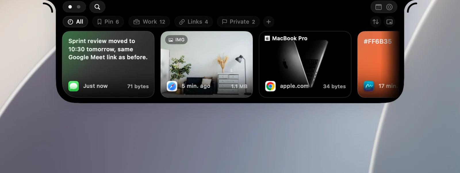 The top of the open notch, with page dots on the left and the toolbar on the right