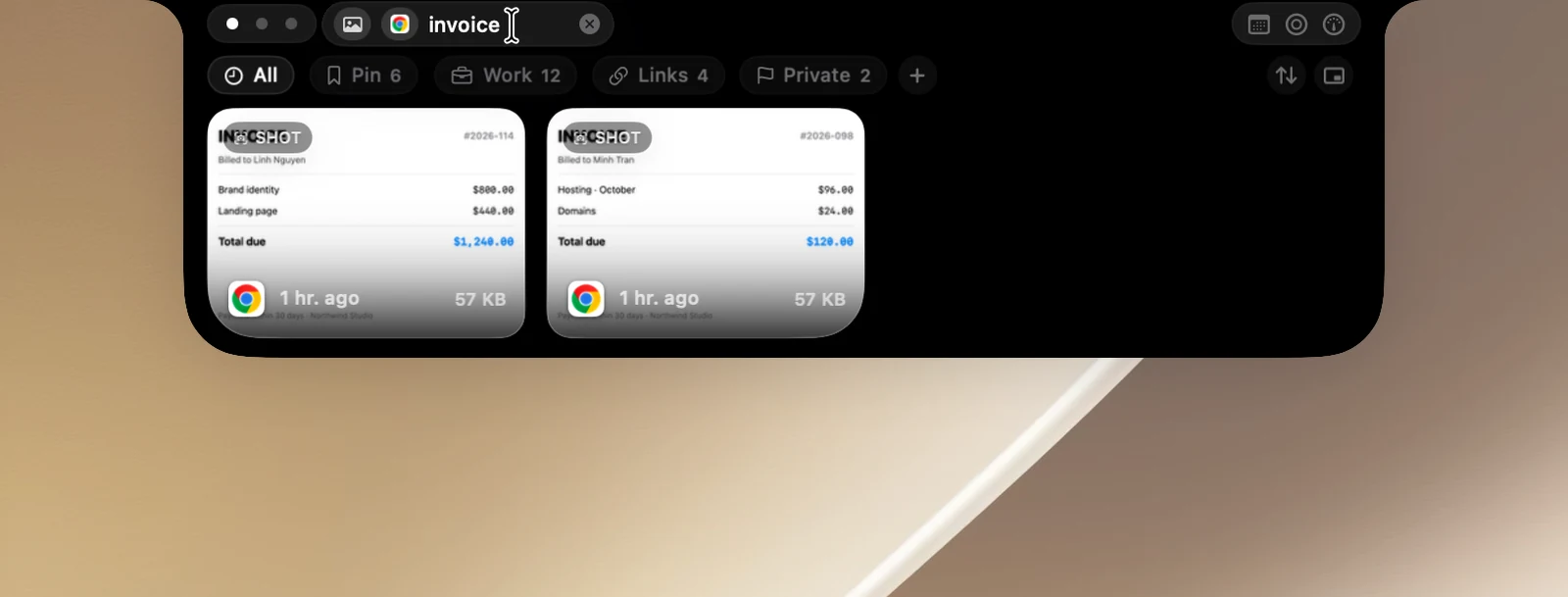 The search field in the notch with an @image filter, a Chrome app filter and a search term