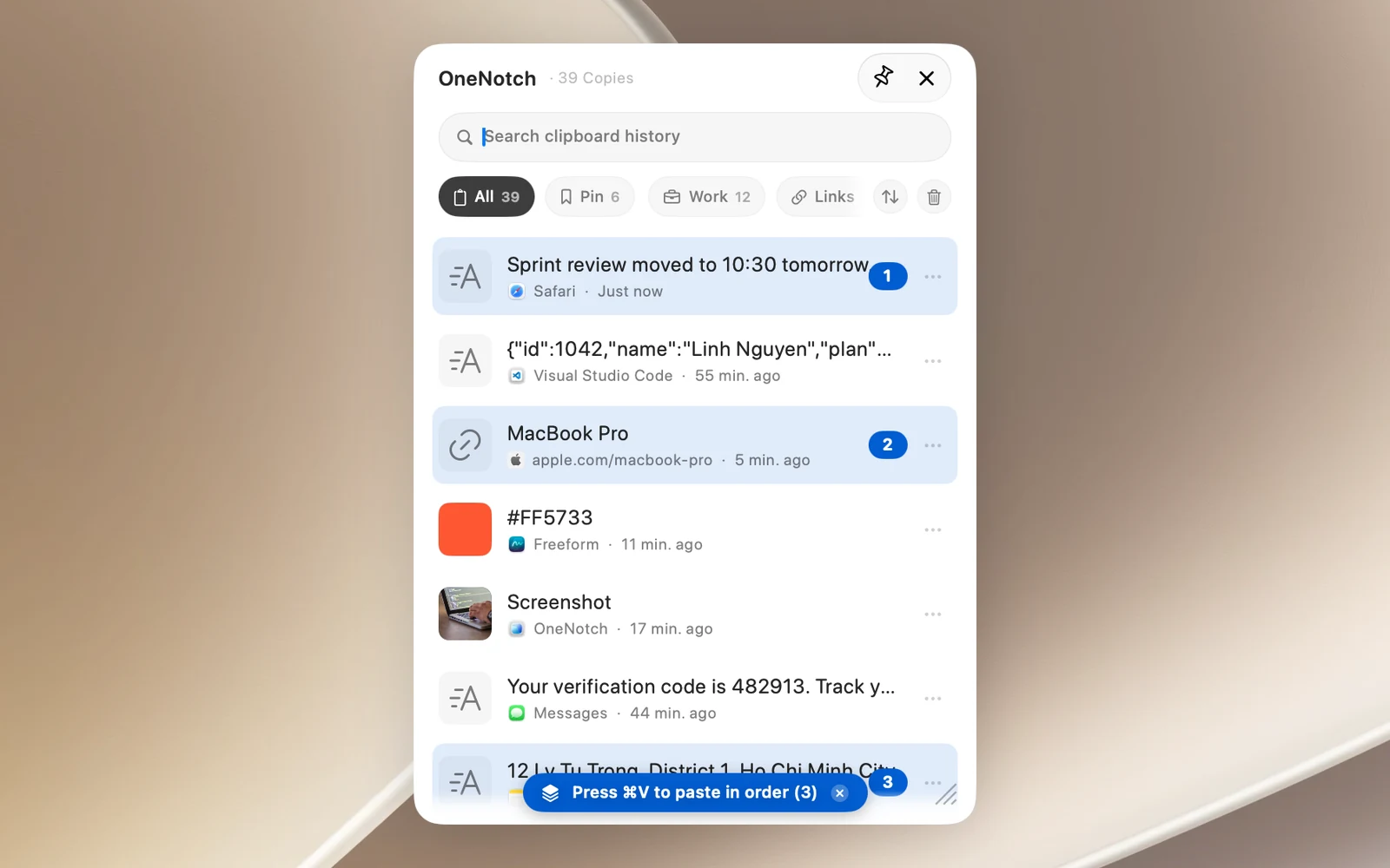 Das Clipboard Panel mit 3 Zeilen, nummeriert 1–3, und dem Banner „⌘V drücken, um der Reihe nach einzufügen (3)“