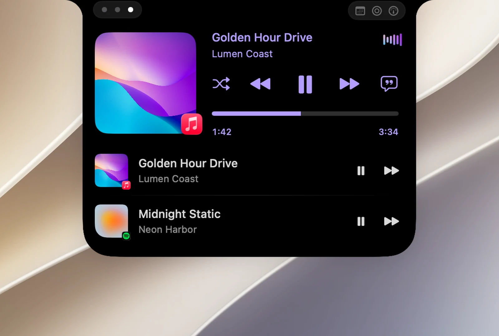 The list of other players opened below the main player: each row has album art, the song title, and play and skip buttons