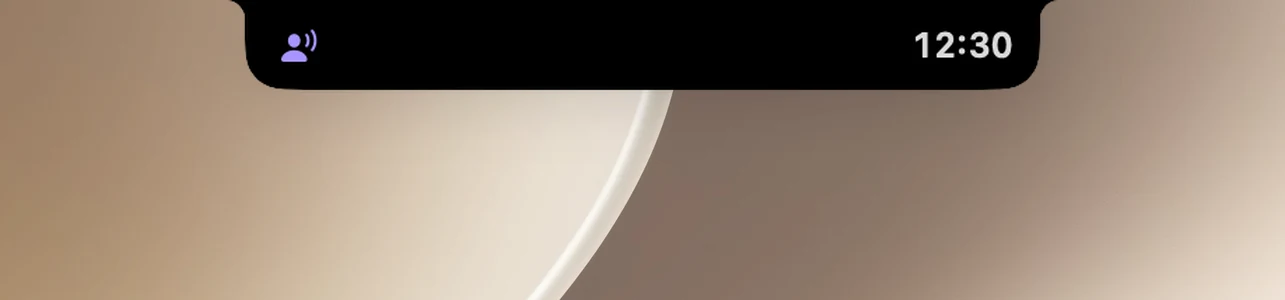 The closed notch while presenting: a purple person-and-waves icon and 12:30 remaining