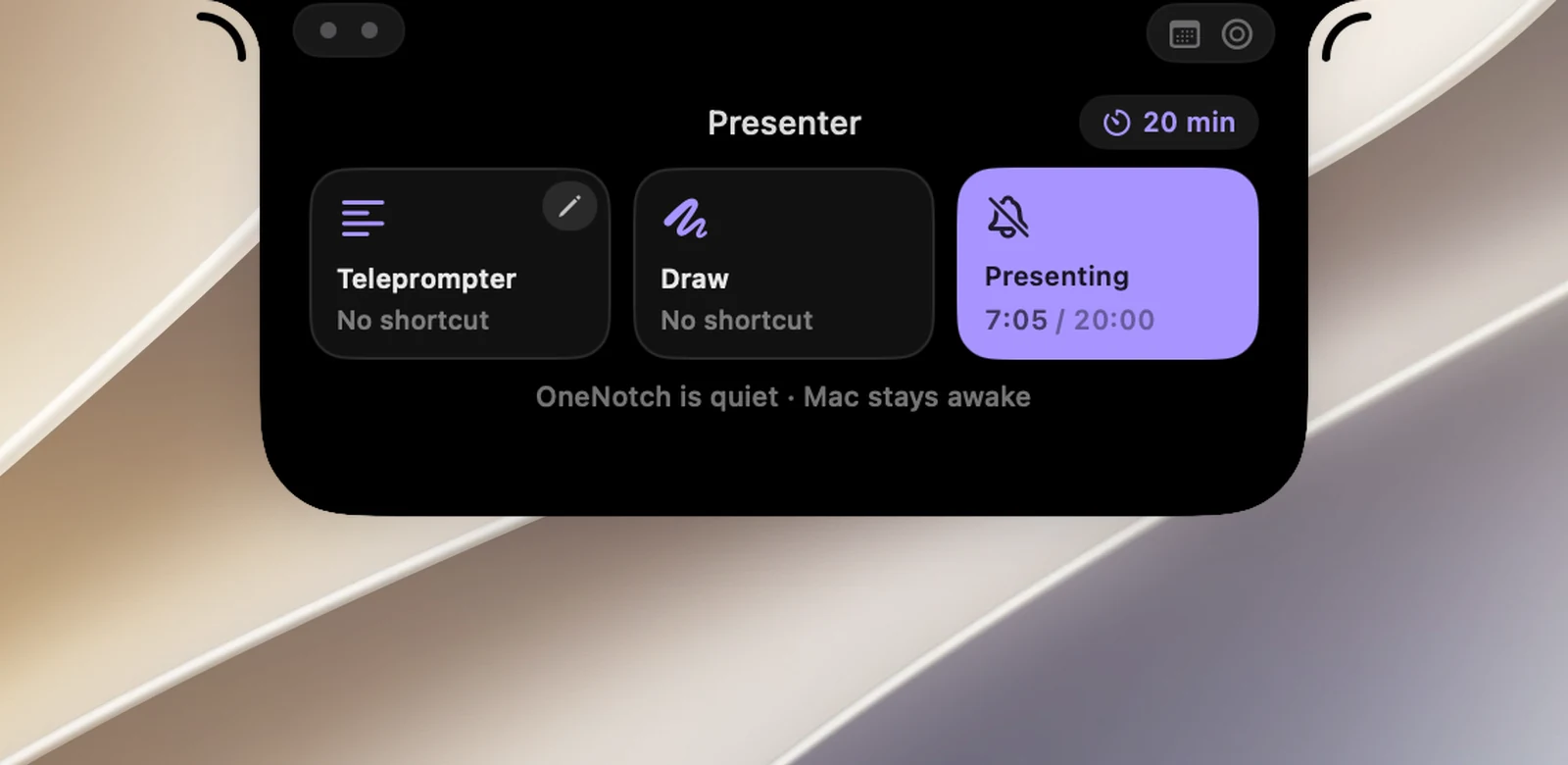The Presenter page with Presenting on: the Presenting tile lit in purple with the talk clock, the ⏱ chip reading 20 min, and the line "OneNotch is quiet · Mac stays awake"