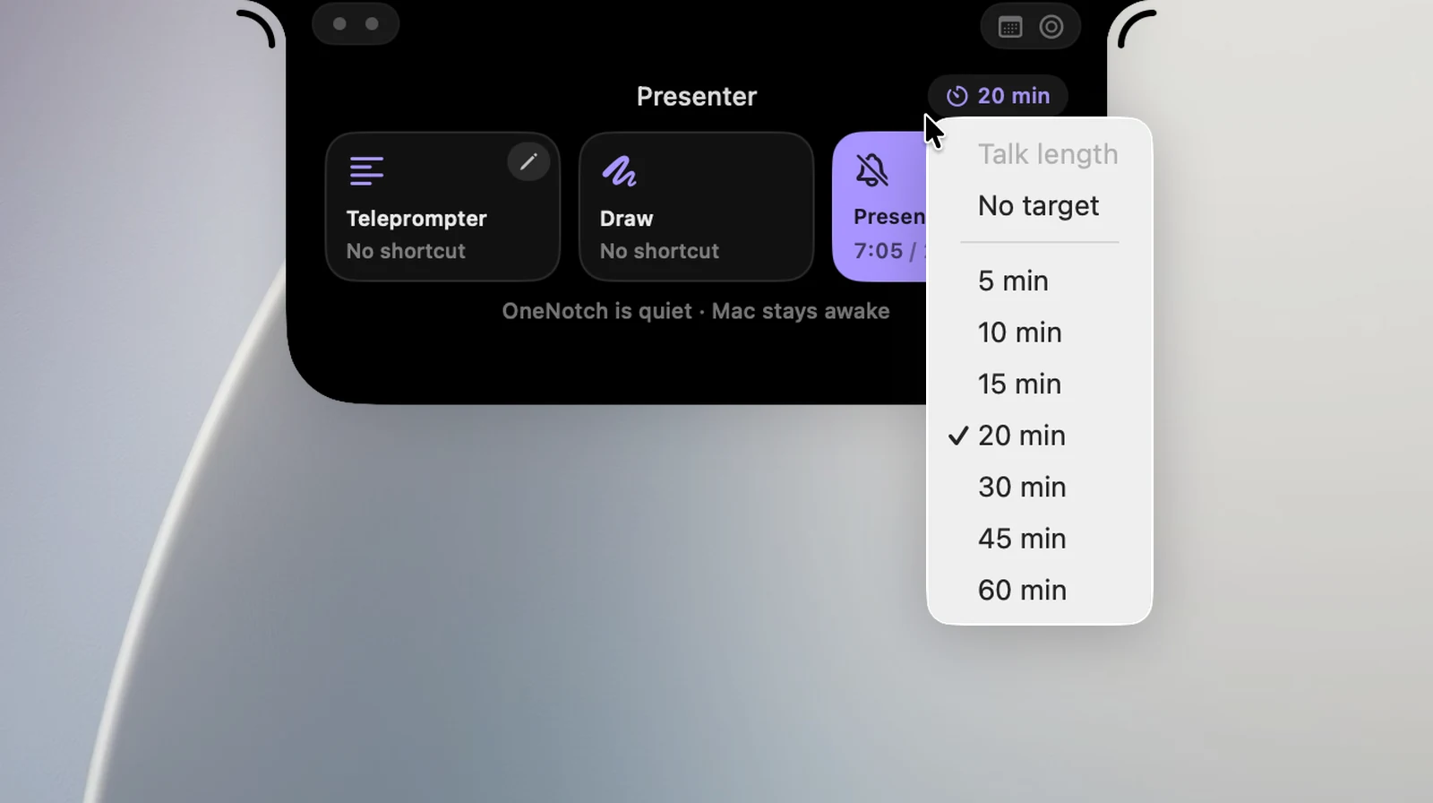 The Talk length menu opened from the ⏱ chip: No target, 5, 10, 15, 20, 30, 45, 60 min; 20 min has a ✓