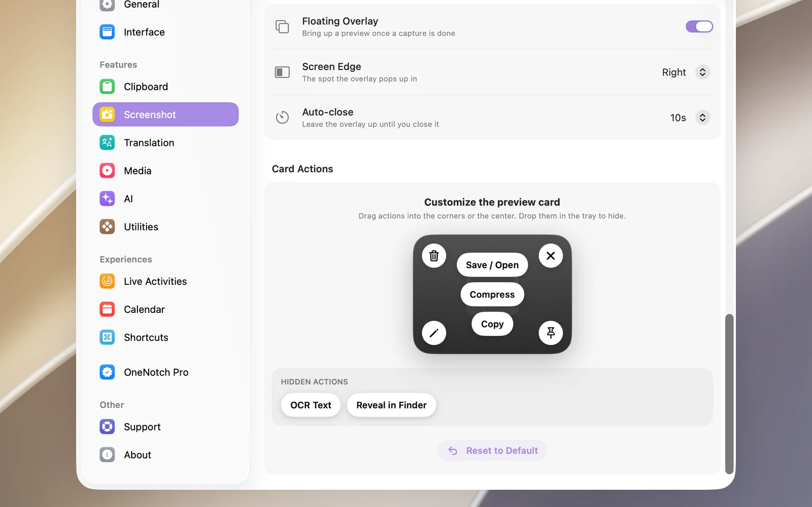 The card editor in Settings › Screenshot › Card Actions: a sample card and the Hidden actions tray